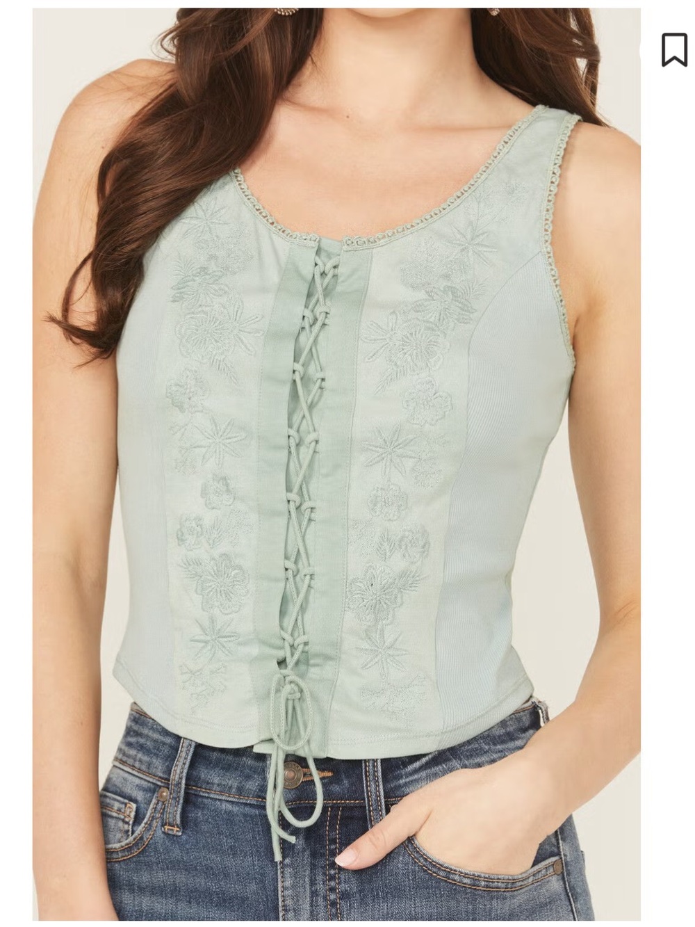Rock & Roll Denim Sage Green Lace-Up Embroidered Tank